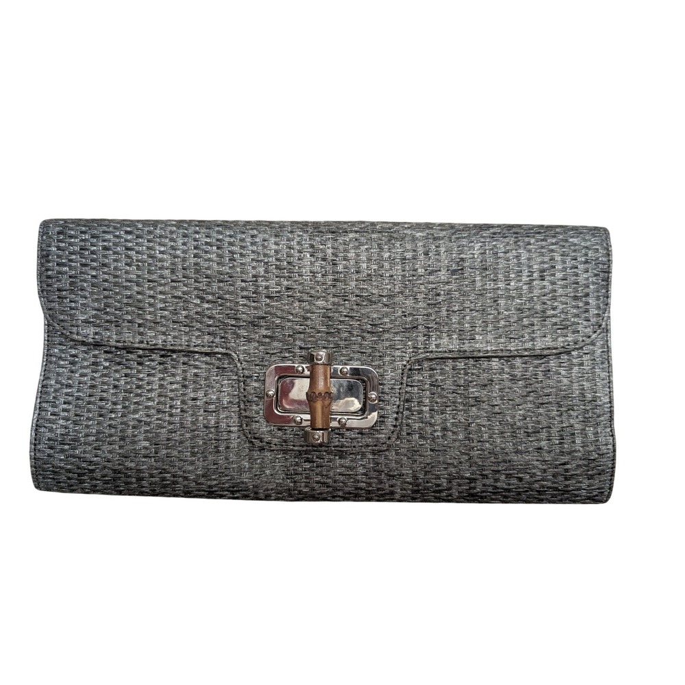 Woven Coated Straw Clutch Bamboo Lock Metallic Gray Boho Chic Evening Bag Party